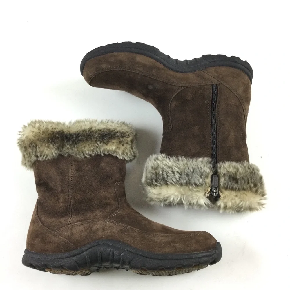 L.L. BEAN Boots Women’s Brown Suede Faux Fur Trim Mid Calf Side Zip Sz 8